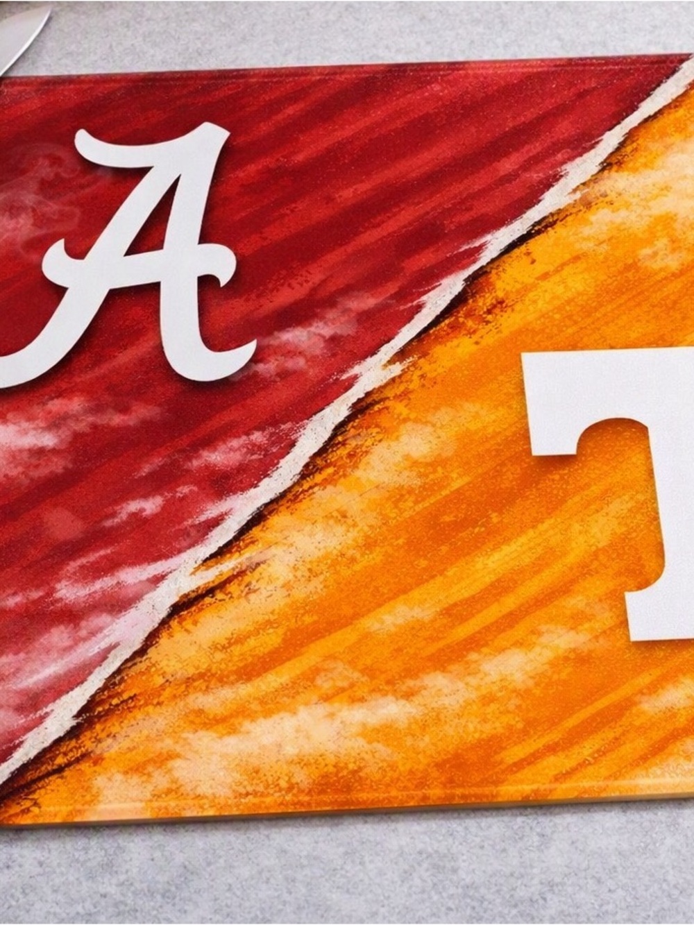 Collegiate Split-Color cutting board in Crimson and Orange